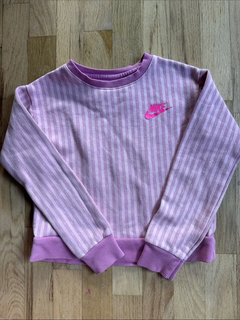 Nike Pink Striped Crew Sweatshirt with Hot Pink Logo